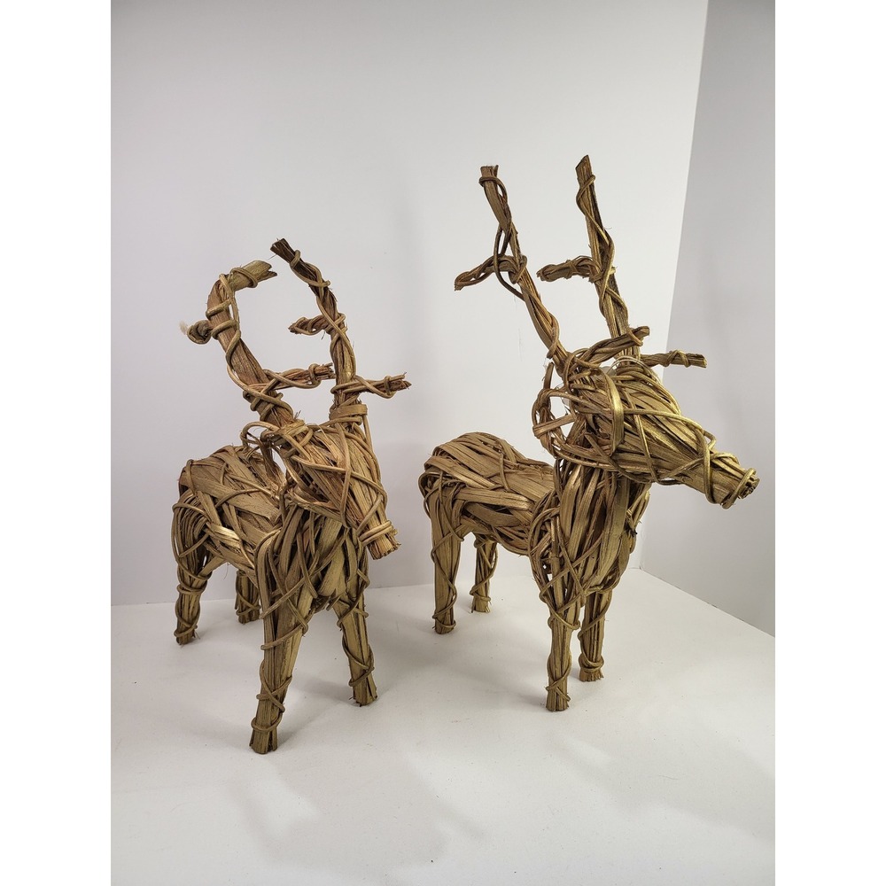 Gold Woven Wicker Reindeer Figurines Set of 2 Christmas Holiday Decor 18 Inch